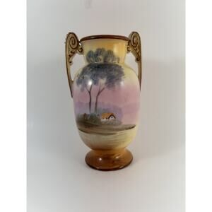 Antique Hand Painted Nippon Vase – Cottage Landscape, 1890s–1920s Japan